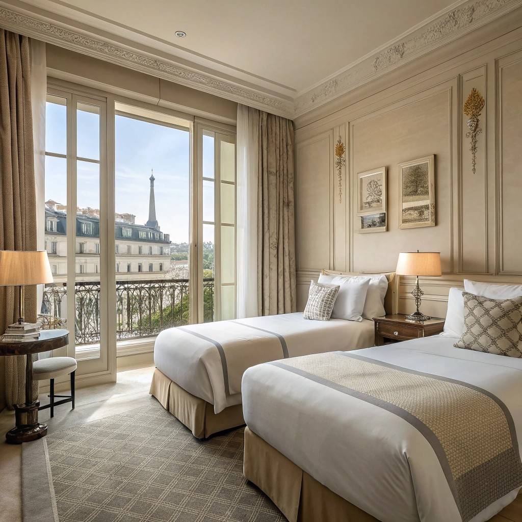 Luxury Paris hotel suite with real twin beds, elegant interior and calm atmosphere designed for couples visiting the city