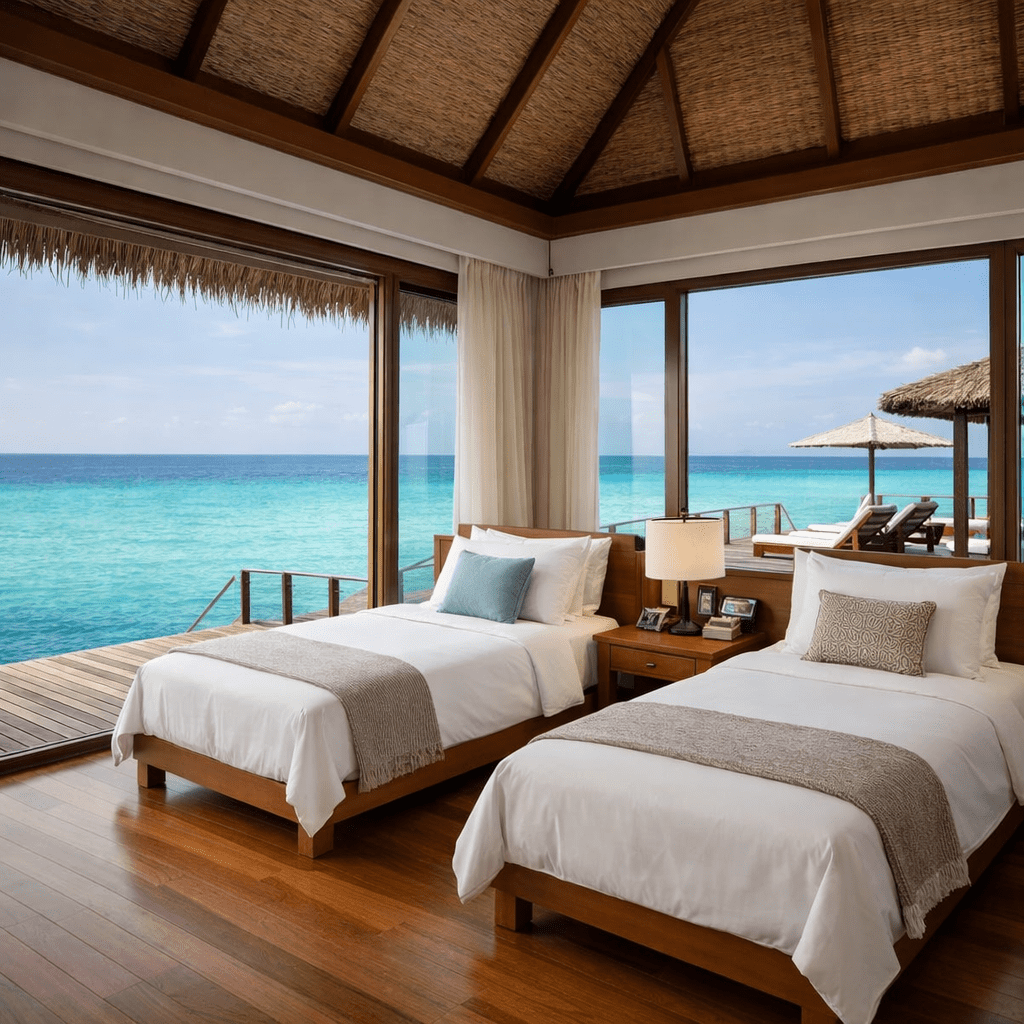 Luxury overwater villa in Maldives with verified twin beds, private terrace and panoramic lagoon view for couples who sleep better apart