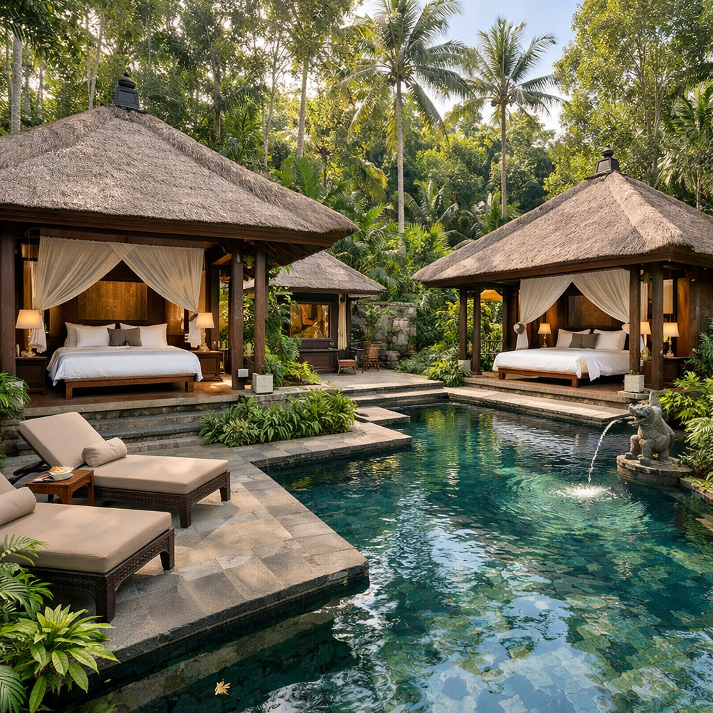 Private luxury villa in Bali with two separate bedrooms, twin beds, private pool and quiet natural surroundings for couples