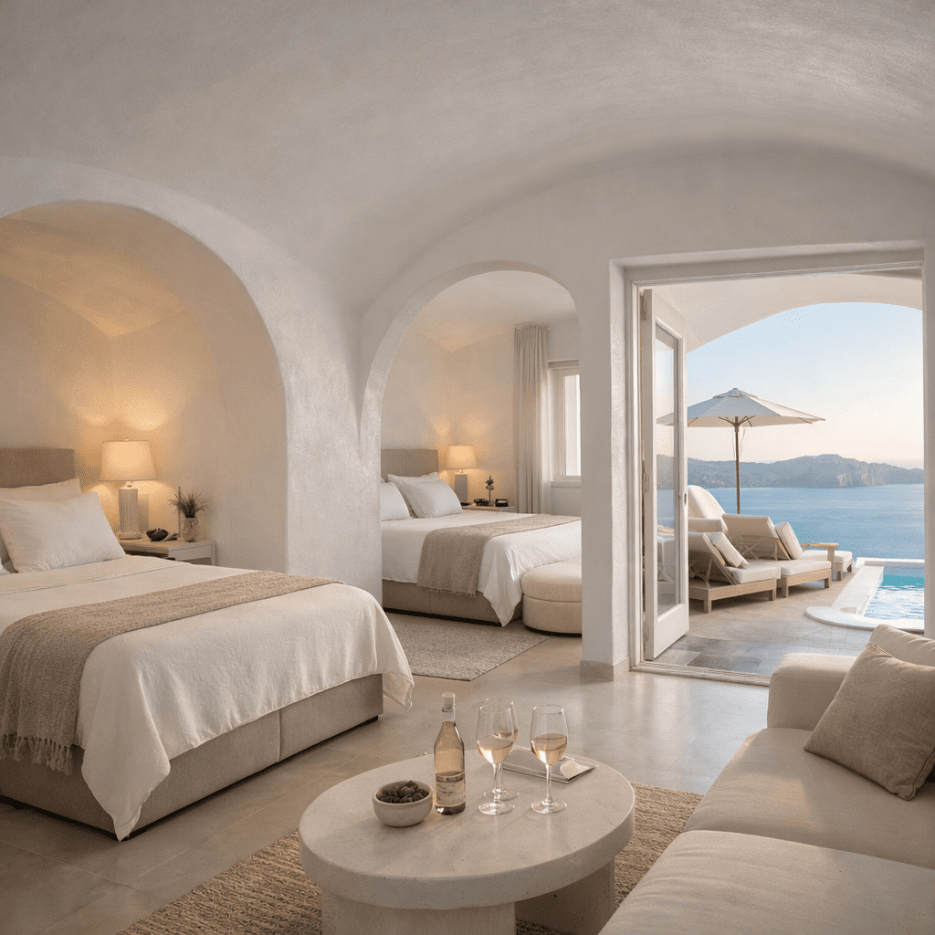 Luxury cave-style hotel suite at Canaves Oia Santorini with separate sleeping areas, terrace view