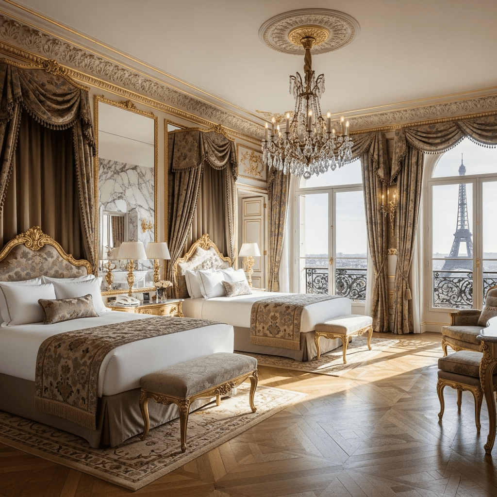 Elegant Parisian hotel suite at Plaza Athénée with two distinct twin beds, classic French decor