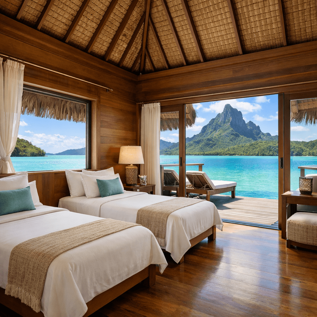 Overwater villa at Four Seasons Bora Bora with two separate twin beds, turquoise lagoon view