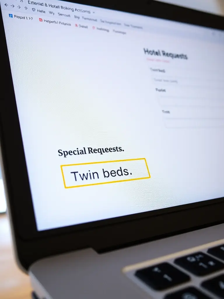 A close-up of a booking form's 'Special Requests' or 'Notes' section, with a highlighted text box containing a clear request for a twin bed configuration, emphasizing the importance of specifying preferences.