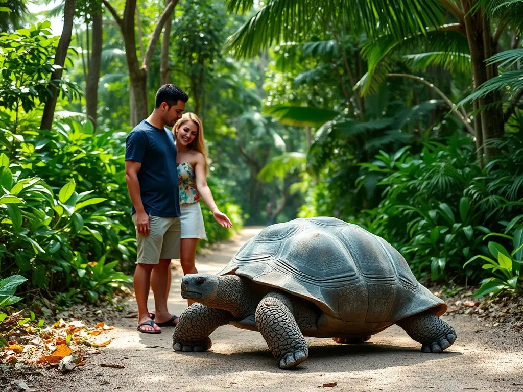 A couple interacting with a giant tortoise in a sanctuary in Seychelles, with lush greenery in the background, showcasing the Aldabra species.