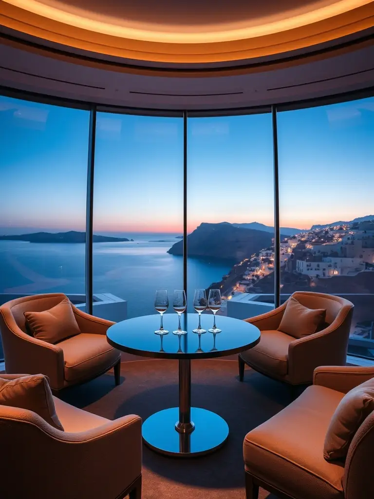 The champagne lounge at Grace Hotel, offering a sophisticated and relaxing atmosphere with panoramic views. The image should capture the elegance and exclusivity of the lounge.