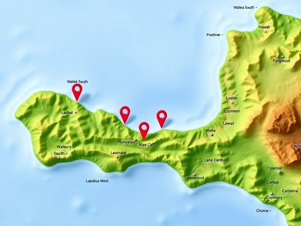 A static PNG map of Maui, Hawaii, highlighting the locations of twin beds hotels and resorts along the coastline. Pins indicate the three main clusters: Wailea South, Kapalua West, and Lahaina Central.