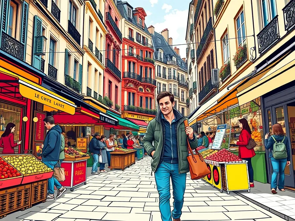 A vibrant street scene in Le Marais, Paris, with a couple on a food walk, sampling falafel. The background features historic buildings and bustling market stalls, capturing the lively atmosphere of the Jewish quarter.