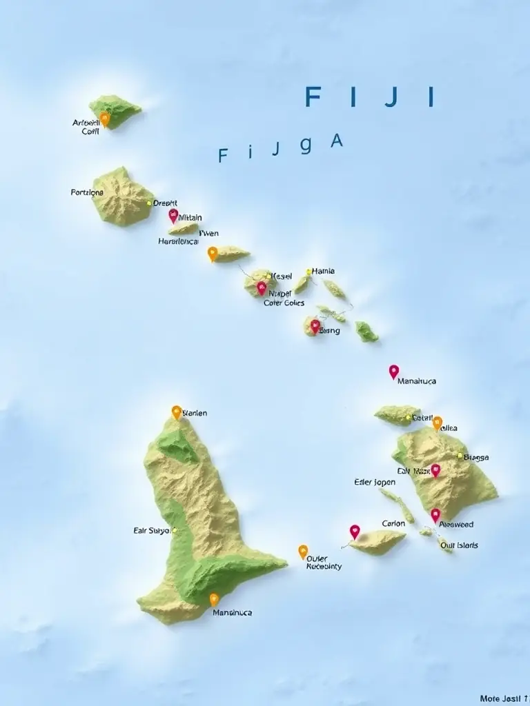 A static PNG map of the Fiji archipelago, clearly showing the locations of various resorts with pins on different islands. The map highlights three clusters: Mamanuca Islands, Yasawa Islands, and Outer Islands.
