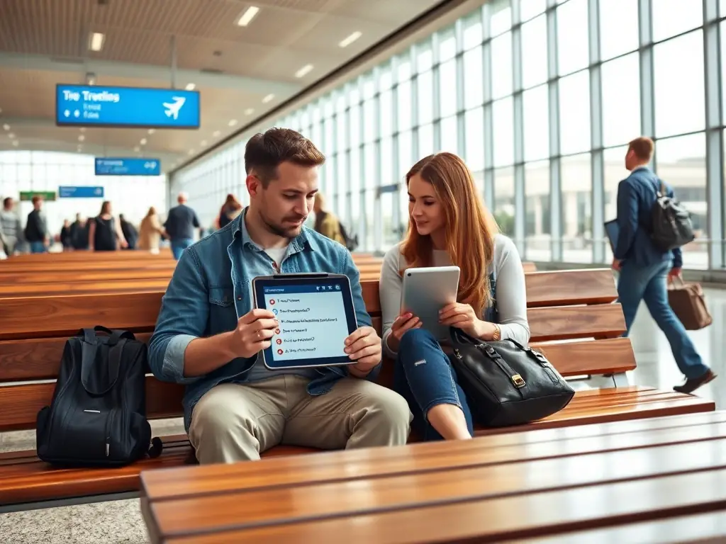 Two people sitting on a bench looking at a tablet, with travel-related questions displayed on the screen, set against a backdrop of a bustling airport terminal.