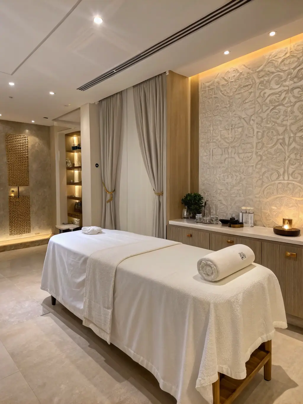 A traditional Thai massage setting, showcasing intricate details, soothing ambiance, and a couple receiving a massage, highlighting the therapeutic benefits of ancient healing techniques.