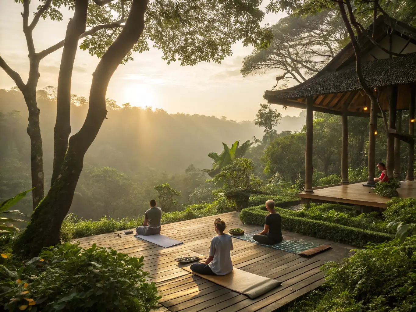 A photograph capturing an immersive yoga retreat in Ubud, Bali. The image showcases lush greenery, traditional Balinese architecture, and couples participating in a yoga session, highlighting the transformative experience of the retreat.