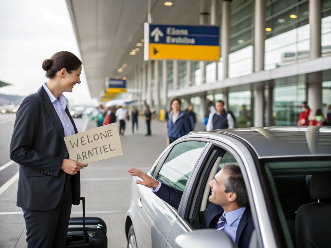 An image depicting a person being picked up at an airport by a rental car representative holding a sign with their name, emphasizing the convenience of airport pickup services.