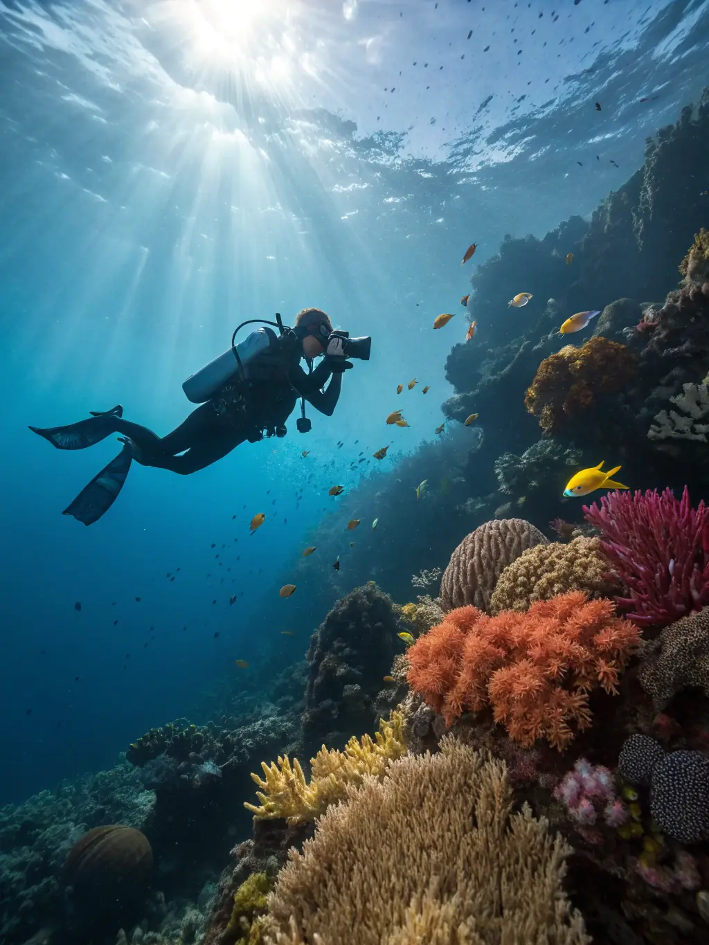 A vibrant underwater scene showcasing a couple diving amidst colorful coral reefs and diverse marine life in Fiji's Great Astrolabe Reef, emphasizing the beauty and adventure of diving in Fiji.