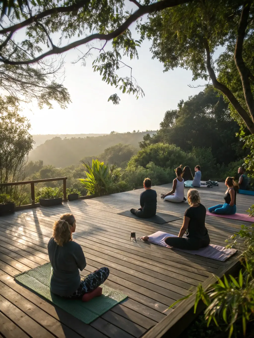 A tranquil yoga retreat in Bali, featuring lush greenery, traditional Balinese architecture, and a couple practicing yoga together, symbolizing holistic wellness and cultural immersion.