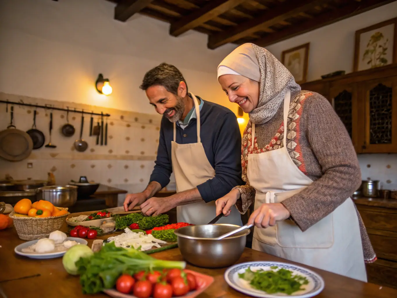 A bright and airy cooking class at La Cuisine Paris, with a couple learning to make croissants. The setting is a professional kitchen with stainless steel appliances and a large window overlooking a Parisian street.