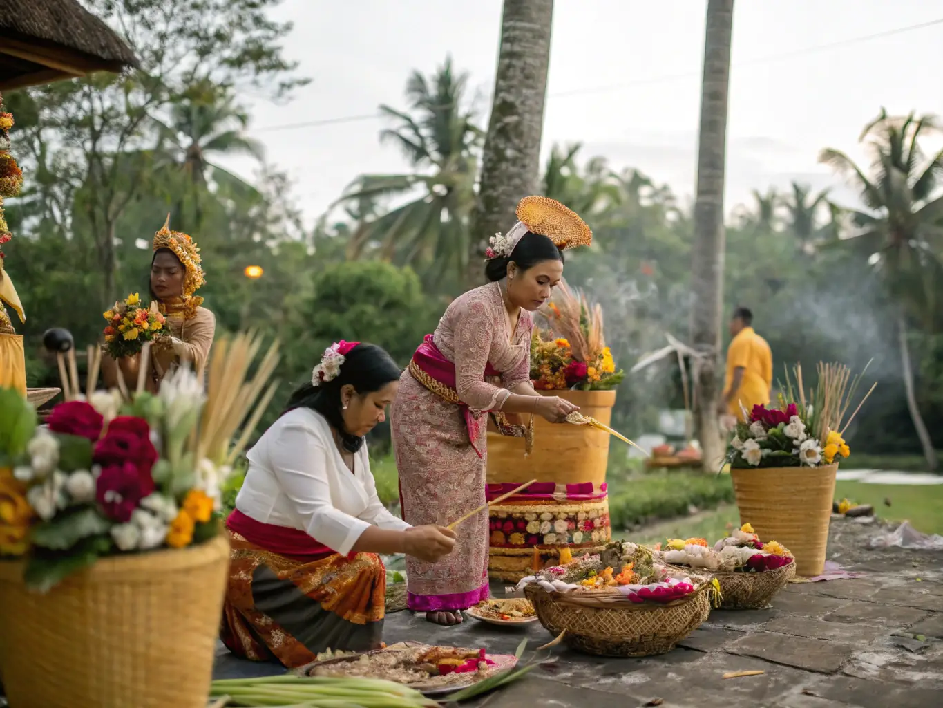 A serene image of a traditional Balinese temple, adorned with intricate carvings and surrounded by lush greenery, with a couple dressed in traditional attire participating in a cultural ceremony, highlighting Bali's rich cultural heritage.