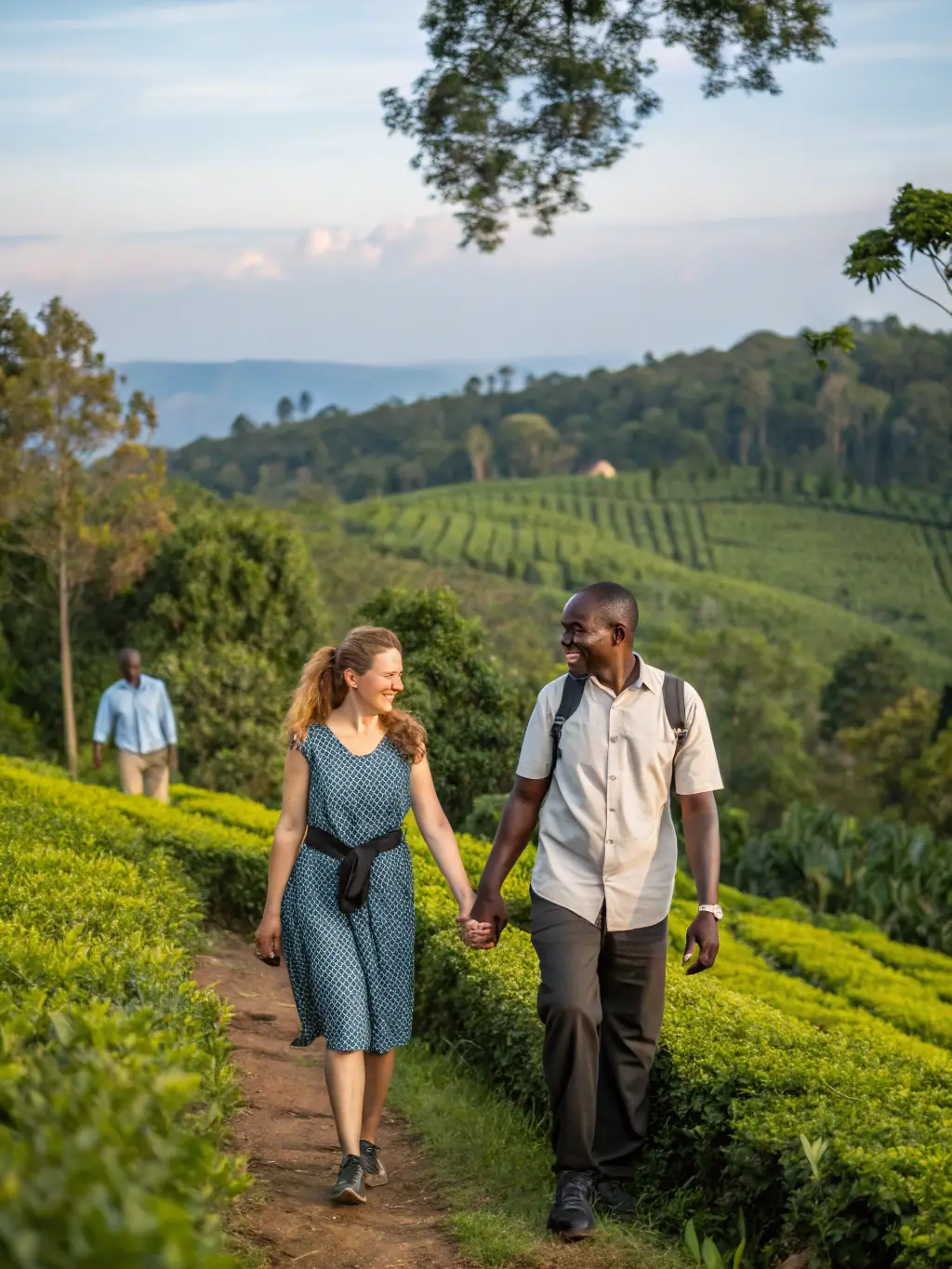 A scenic view of a couple hiking through a lush rainforest trail towards a cascading waterfall in Fiji, capturing the natural beauty and adventure of hiking in Fiji.