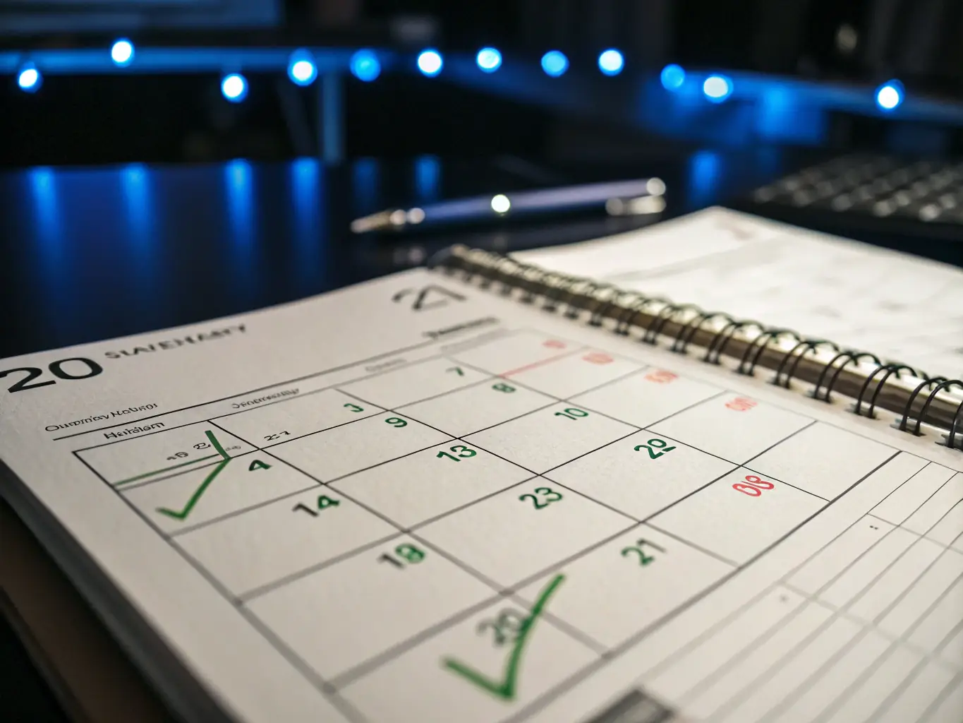 A close-up shot of a calendar highlighting dates two weeks in advance, with a magnifying glass focusing on the highlighted dates, symbolizing the importance of booking early to save money on car rentals.