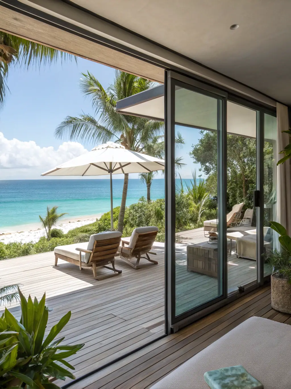A serene image of North Island Lodge, featuring one of its eleven exclusive villas with twin beds, nestled amidst lush tropical foliage and overlooking the turquoise waters of the Seychelles. The image should evoke a sense of tranquility and exclusivity.