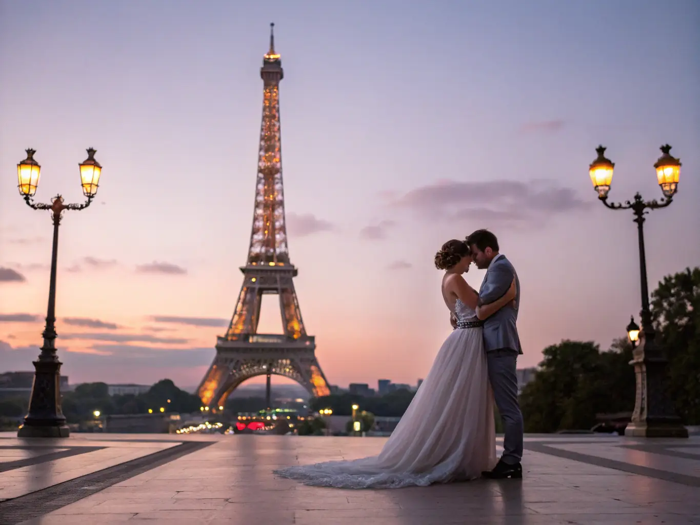 A captivating shot of the Eiffel Tower illuminated at night, with a couple sharing a romantic moment against the backdrop of the sparkling city lights, capturing the essence of Paris' romantic ambiance.