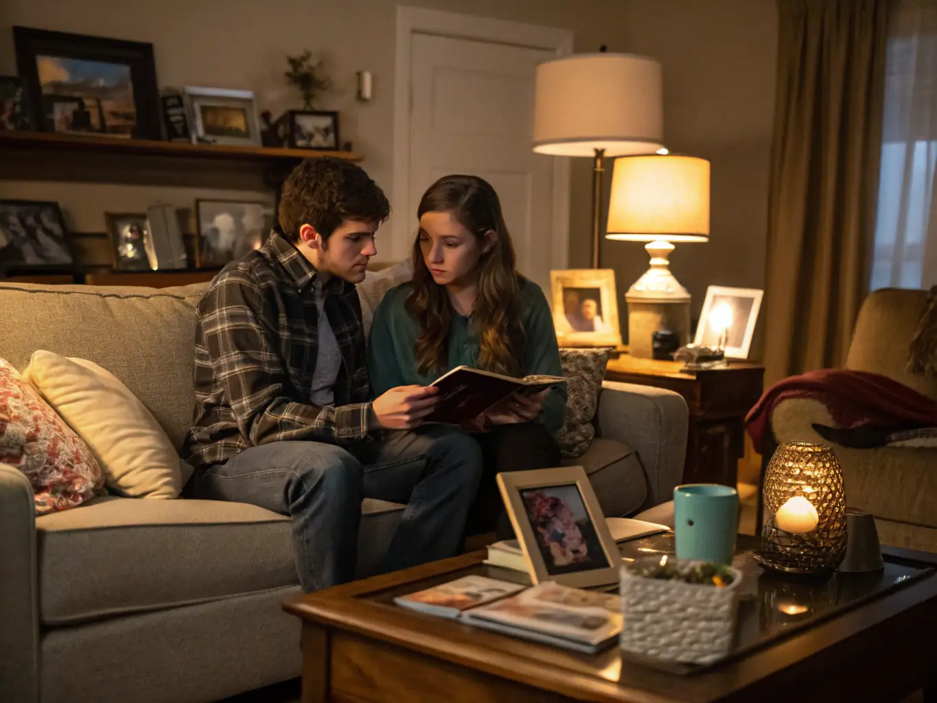 A serene bedroom scene with soft lighting, featuring a couple cuddling and talking in bed before separating for sleep, emphasizing the importance of quality time and connection before sleep.