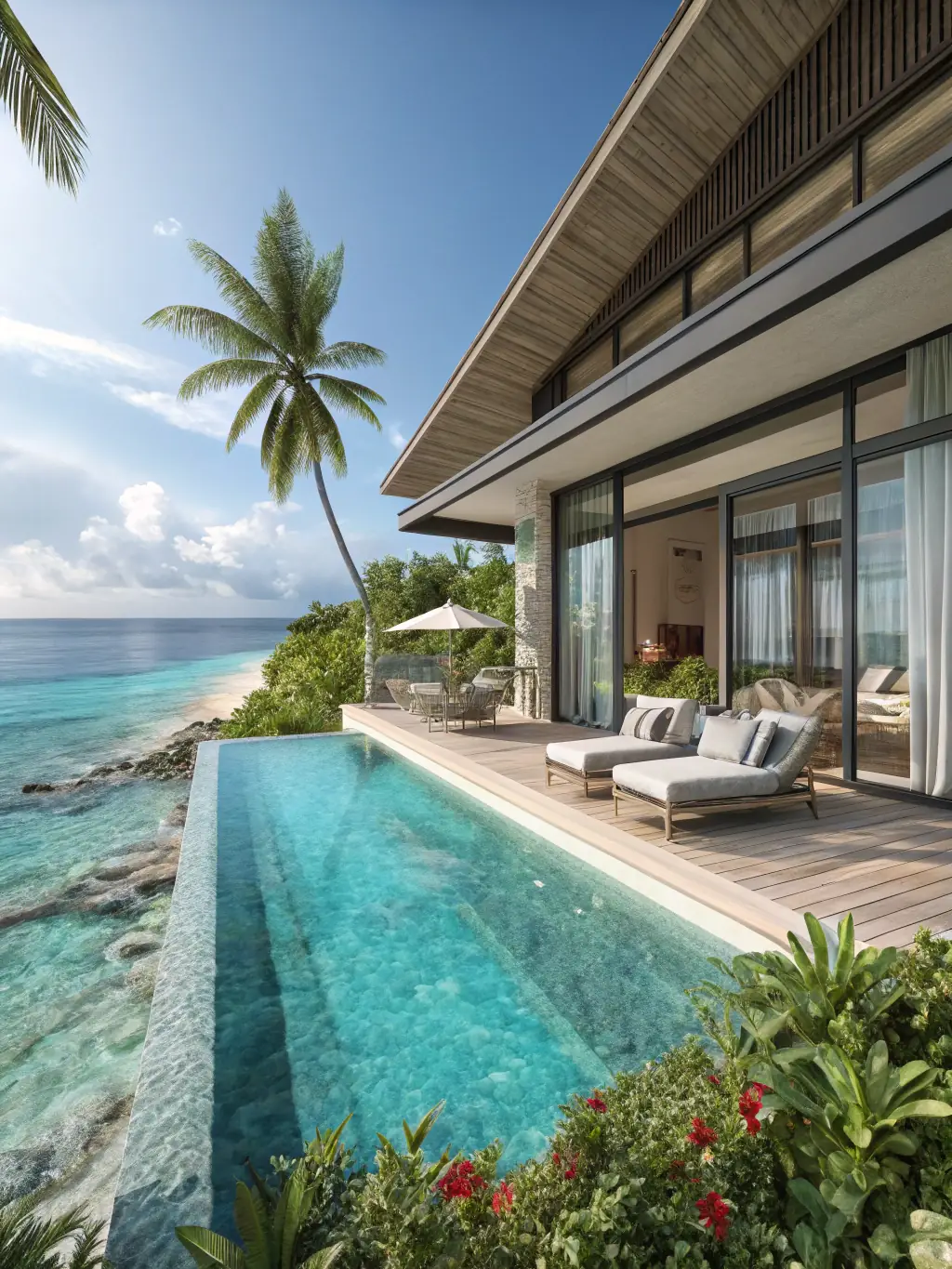 A captivating image of Fregate Island Private, showcasing its commitment to conservation with lush greenery, pristine beaches, and luxurious villas with twin beds blending seamlessly into the natural environment. The image should highlight the island's dedication to sustainability and conservation.