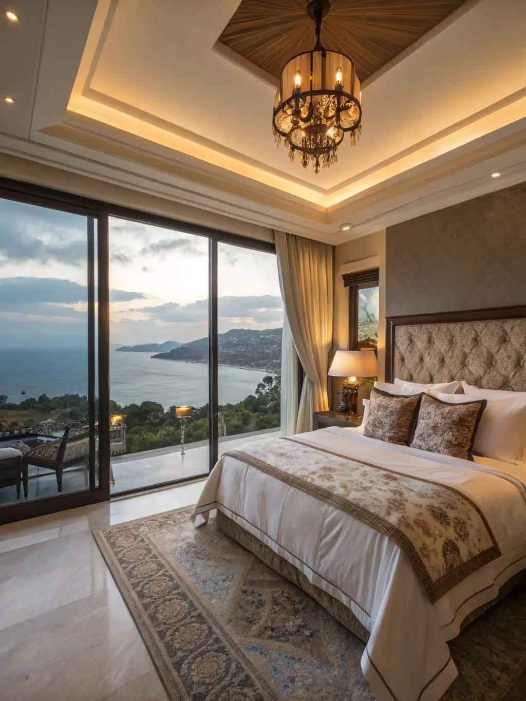 A luxurious hillside villa at Four Seasons Seychelles, featuring twin beds, a private balcony, and stunning ocean views framed by granite boulders. The image should convey exclusivity and comfort.