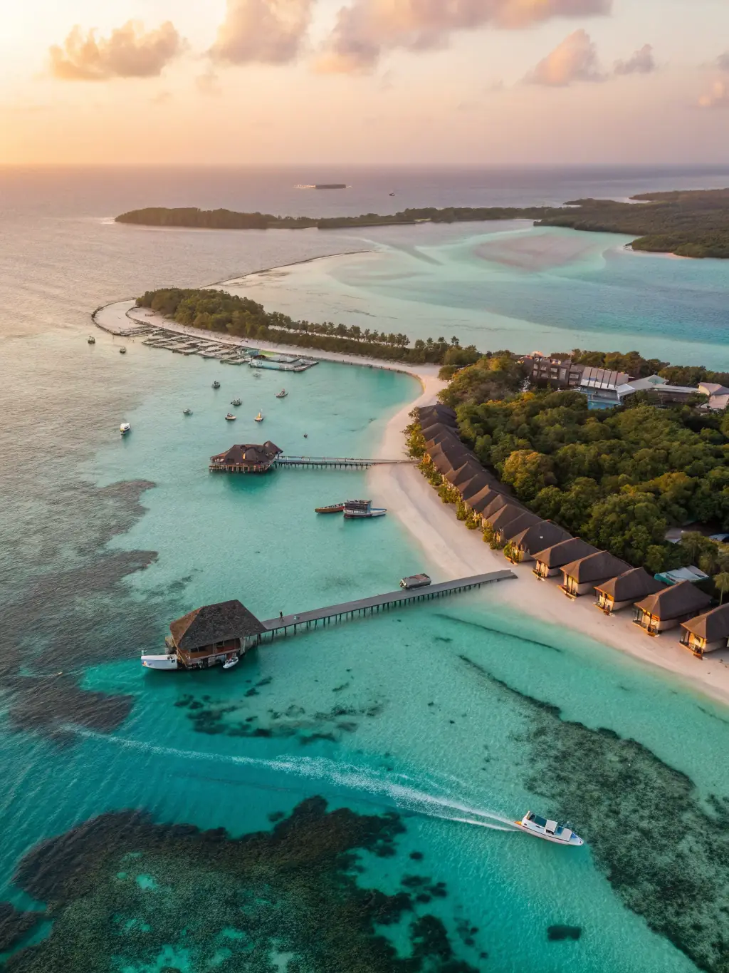 A picturesque aerial view of the Maldives, showcasing the vast ocean and scattered resorts, emphasizing the limited road infrastructure and reliance on boats for transportation.