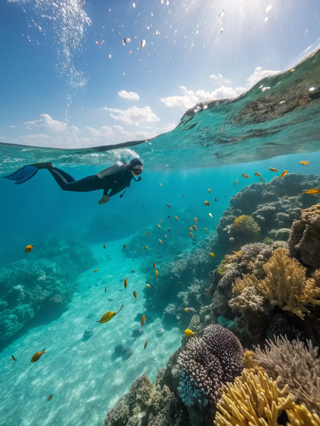 Underwater shot of snorkelers exploring the Molokini crater in Maui, surrounded by vibrant coral reefs and diverse marine life, showcasing the beauty of snorkeling in Maui.