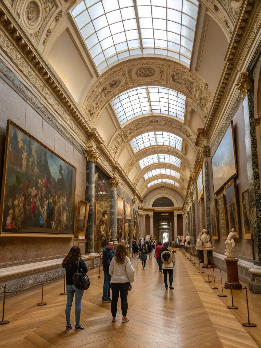 A couple on a private, before-hours tour of the Louvre, standing in front of the Mona Lisa. The scene should be intimate and exclusive.