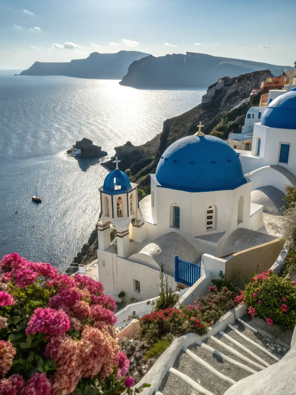 A cliffside view of Katikies Hotel, highlighting its stunning location and luxurious amenities. The image should emphasize the dramatic scenery and sense of exclusivity.