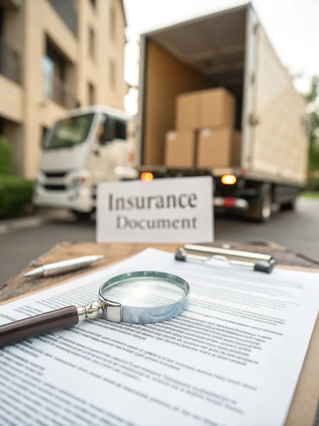 An image depicting a car insurance policy document with a magnifying glass over it, symbolizing the comprehensive coverage provided by Localrent.