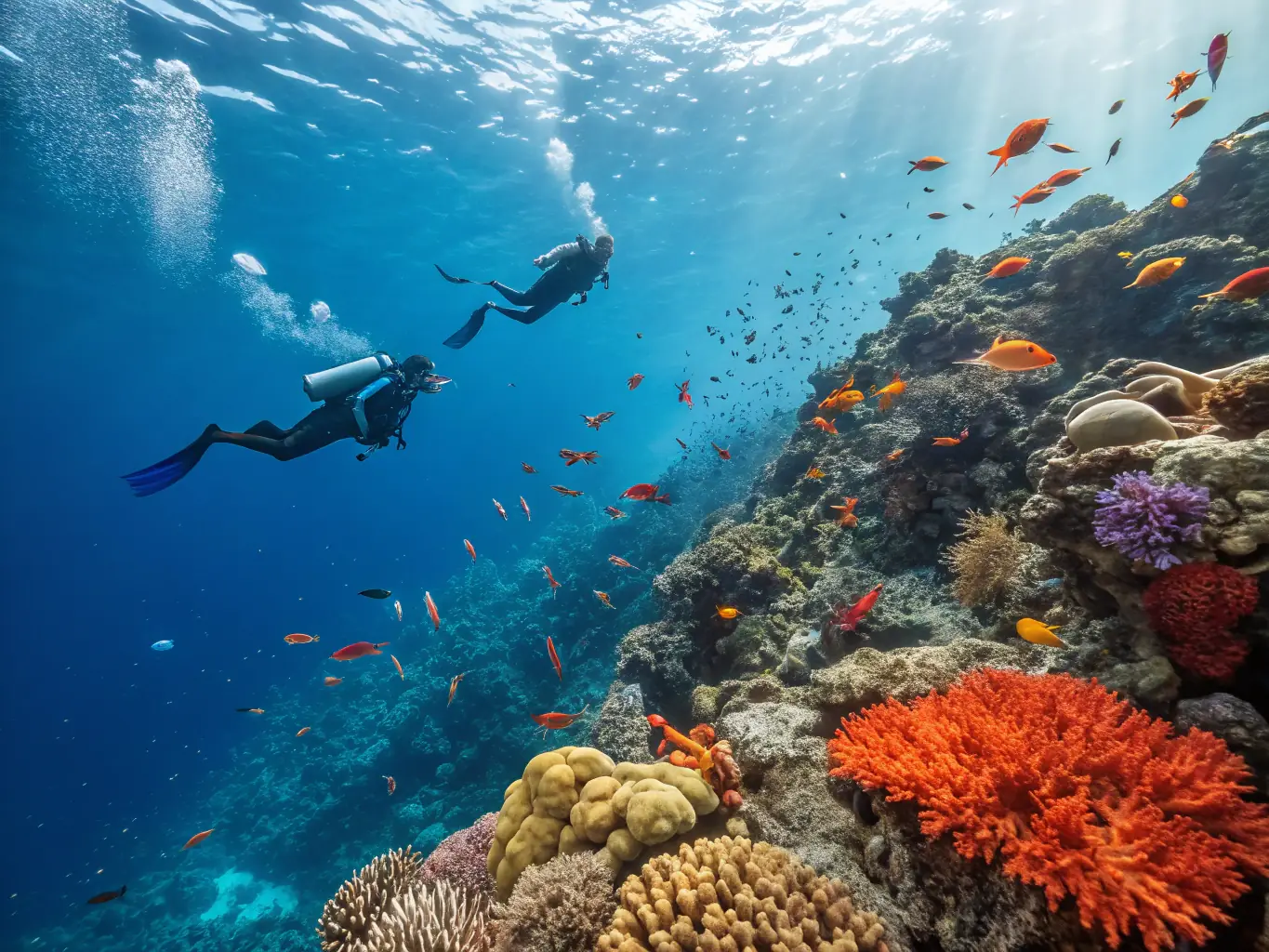 A vibrant photograph capturing the crystal-clear turquoise waters and pristine white-sand beaches of the Maldives, with a couple snorkeling amidst colorful coral reefs, showcasing the beauty of Maldives' underwater world.