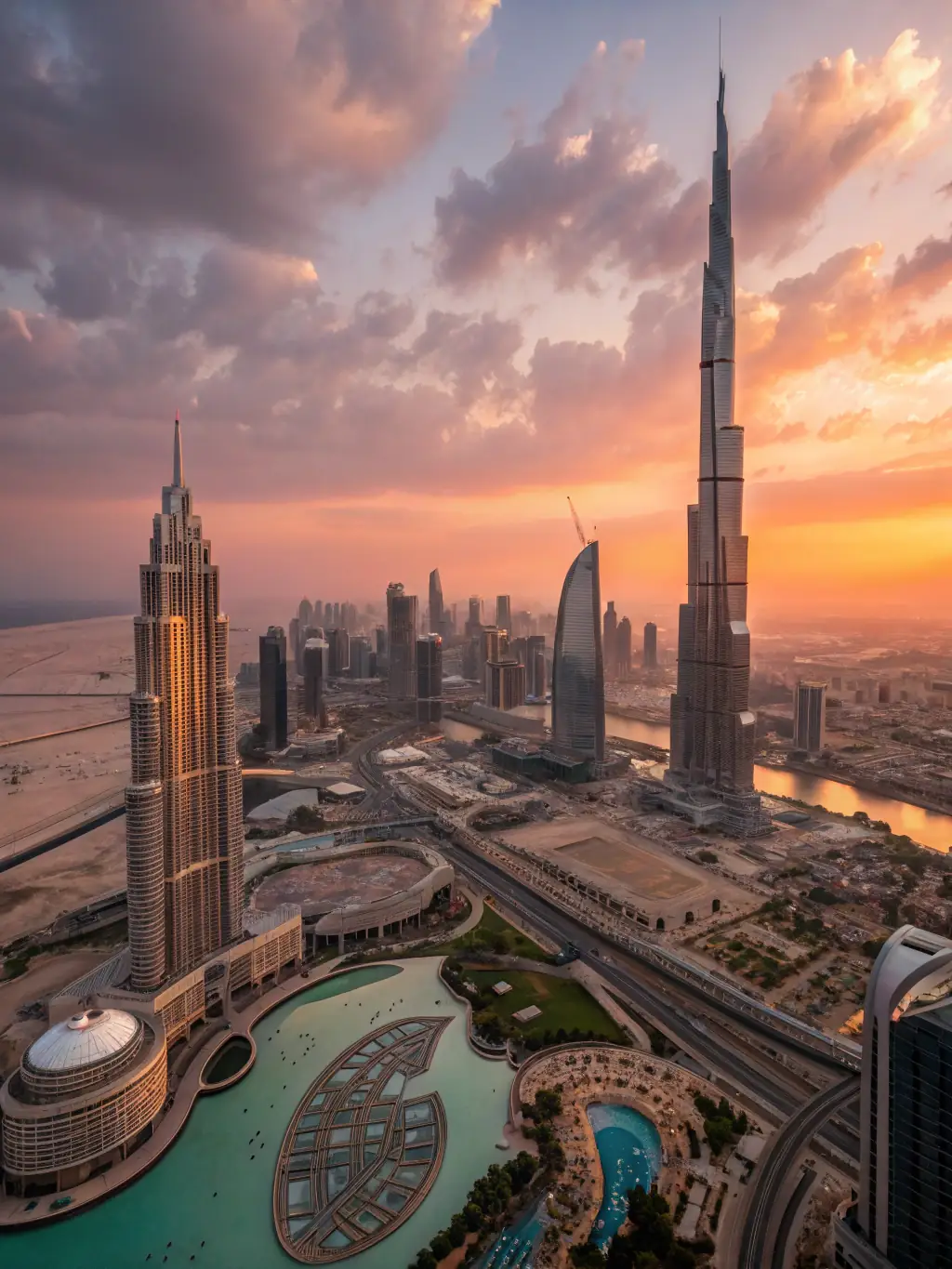 A stunning image of the Burj Khalifa observation deck, showcasing the panoramic views of Dubai's skyline at dusk, with city lights twinkling below.