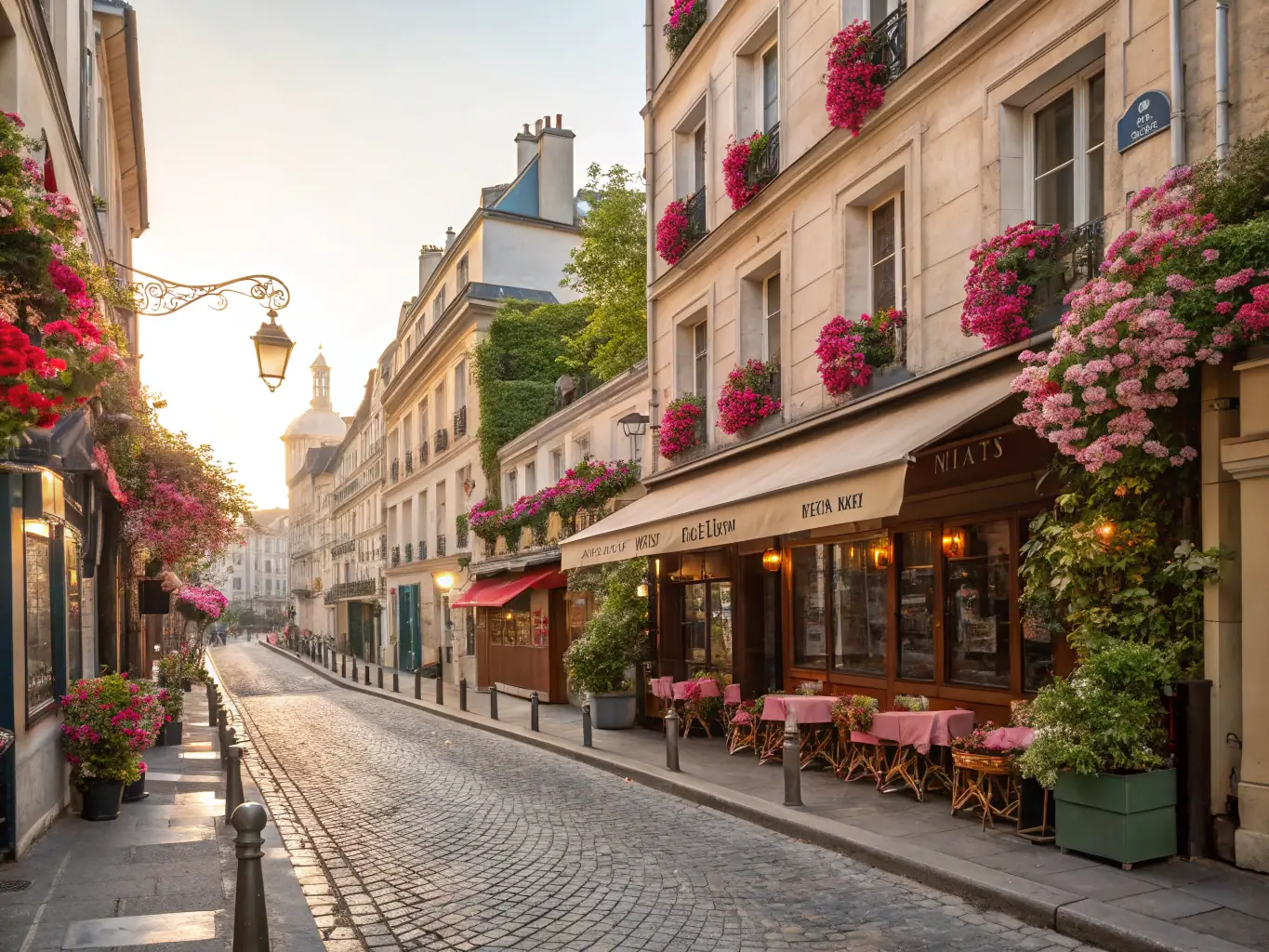 A picturesque image of Saint-Germain-des-Prés, showcasing its literary cafes and elegant shopping streets, with the Luxembourg Gardens in the background.