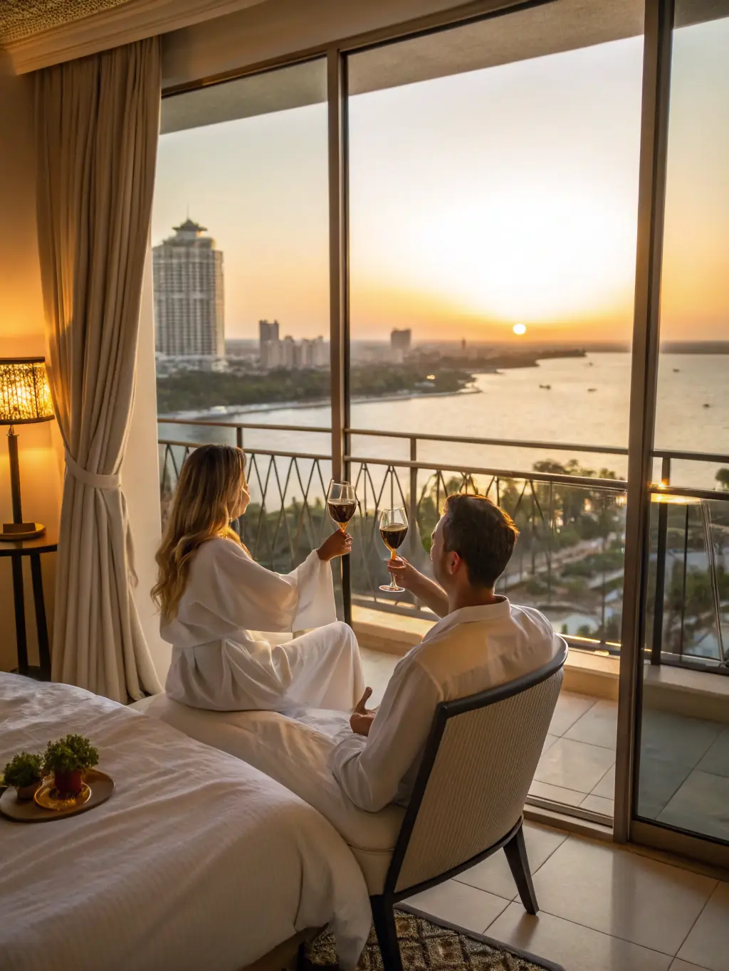 A luxurious image showcasing a couple enjoying high-end travel experiences, such as staying in a fancy hotel or participating in exclusive tours, symbolizing premium protection for luxury travel.