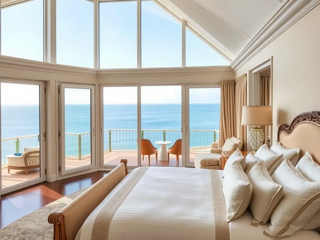 A luxurious twin bedroom at Belmond Hotel Caruso in Ravello, Italy, showcasing elegant decor, separate twin beds, and a stunning infinity pool overlooking the Mediterranean Sea.
