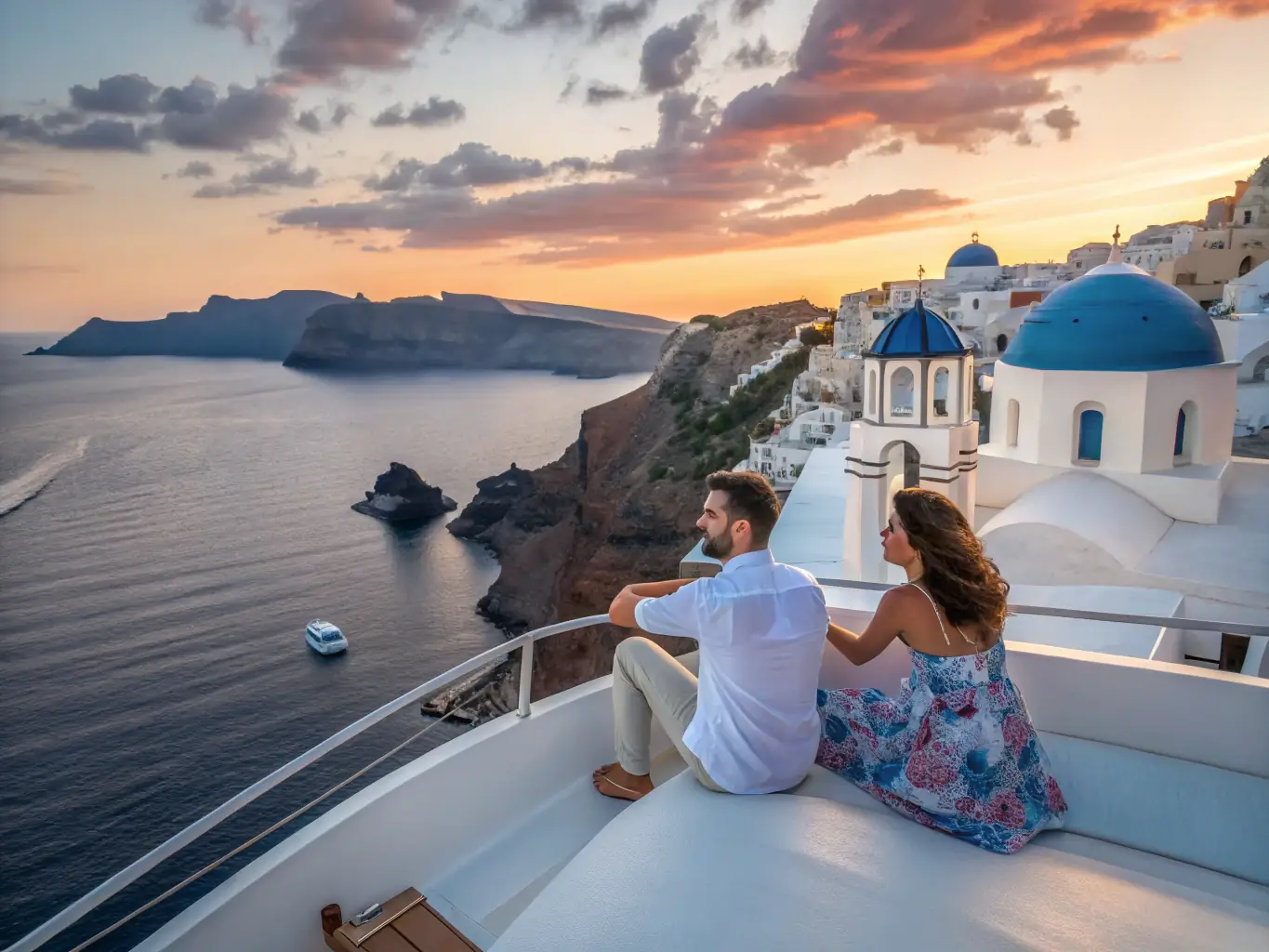 A picturesque image capturing a Santorini sunset cruise with a couple enjoying the view of the caldera from the deck of a traditional sailing boat, emphasizing the romantic atmosphere.