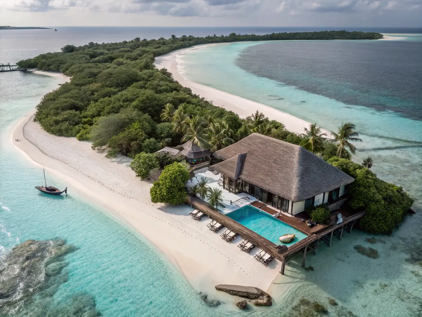 An aerial view of One&Only Reethi Rah in the Maldives, capturing the resort's expansive layout and stunning ocean views. The image showcases the resort's numerous villas and private beaches, highlighting its commitment to providing a luxurious and exclusive experience for guests seeking separate sleeping arrangements.