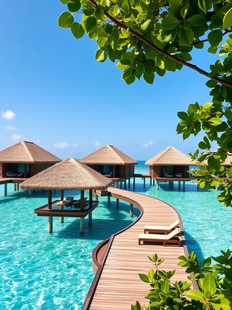 An idyllic overwater bure at Likuliku Lagoon Resort in Fiji, with turquoise waters, swaying palm trees, and a sense of tranquility, emphasizing romance and relaxation.