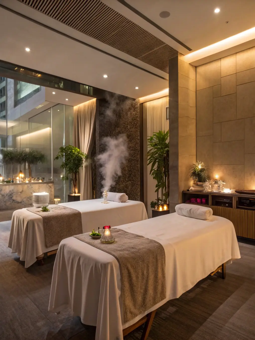 A serene overwater spa pavilion at COMO Shambhala in the Maldives, featuring a couple enjoying a holistic treatment with the turquoise ocean visible through a glass floor, emphasizing the romantic and luxurious wellness experience.