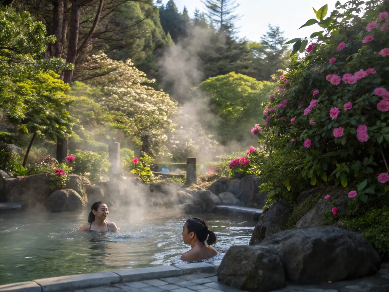 A serene image of the Santorini hot springs with a couple relaxing in the thermal waters, highlighting the natural healing properties and the tranquil environment.