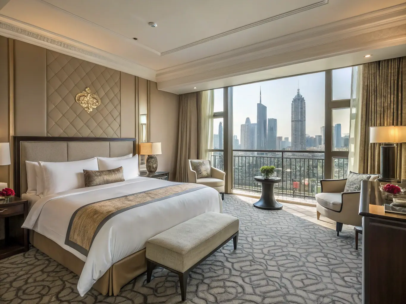 A lavish suite in the Atlantis Royal, Dubai, showcasing modern design, separate twin beds, a private balcony overlooking the Arabian Gulf, and access to the hotel's exclusive amenities.