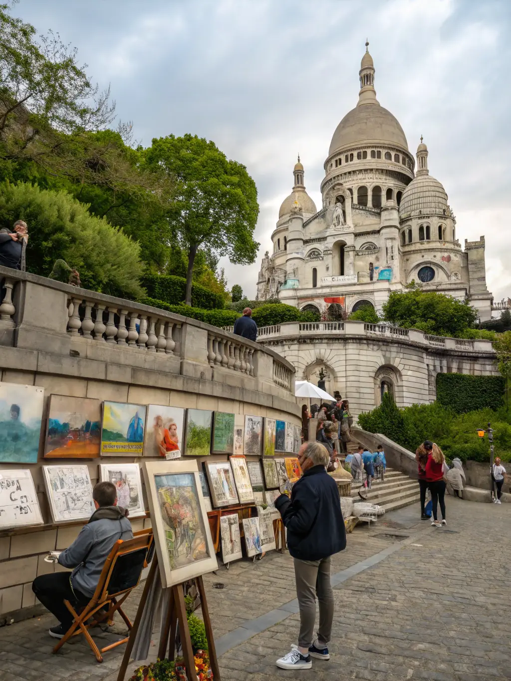 A couple strolling through Montmartre, surrounded by artists and charming wine bars, with the Sacré-Cœur basilica in the background. The scene should evoke bohemian romance.