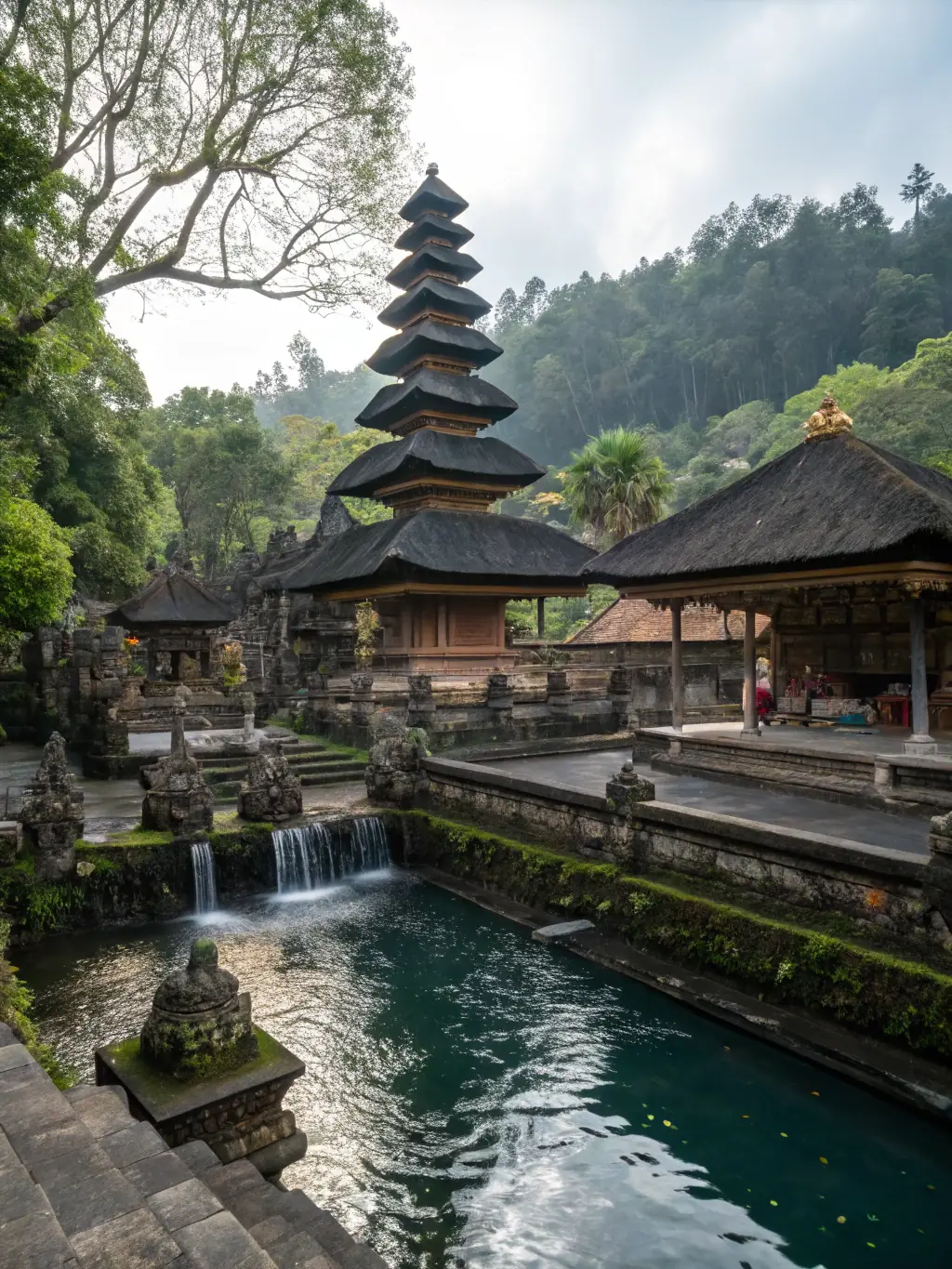 A serene image of the Tirta Empul Temple in Bali, showcasing the traditional Balinese architecture and the holy water purification ritual, emphasizing the cultural richness of the island.