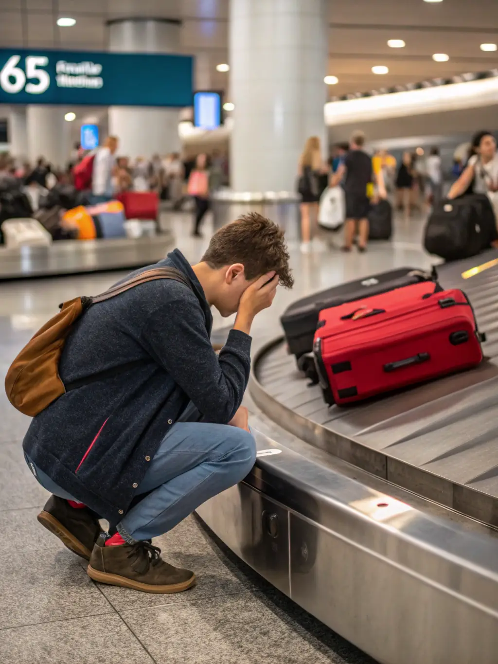 A couple looking stressed at an airport, with a cancelled flight displayed on the information board behind them.