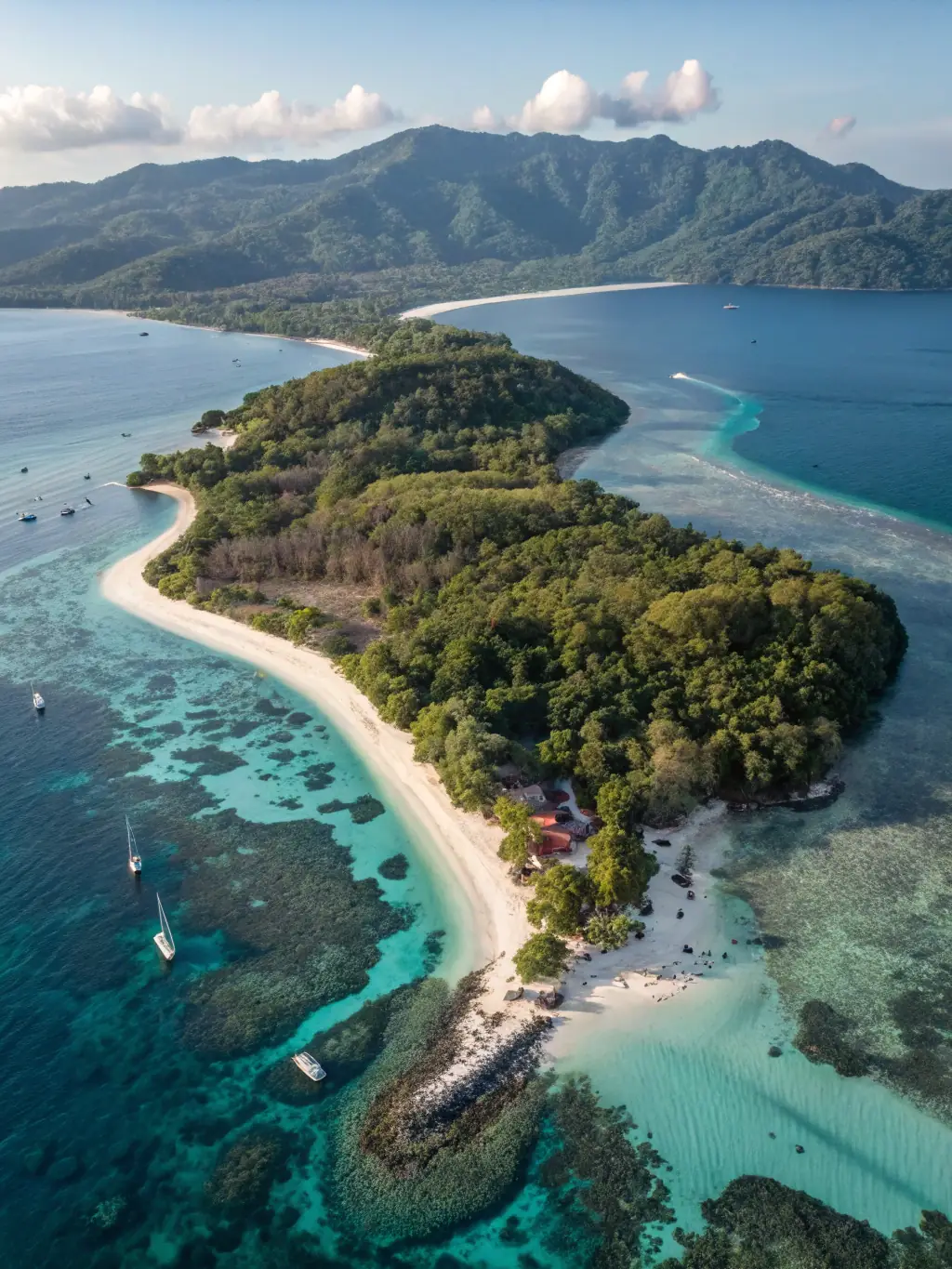 An aerial view of Kokomo Private Island in Fiji, showcasing its pristine beaches, lush greenery, and the nearby Great Astrolabe Reef, highlighting its natural beauty and diving opportunities.