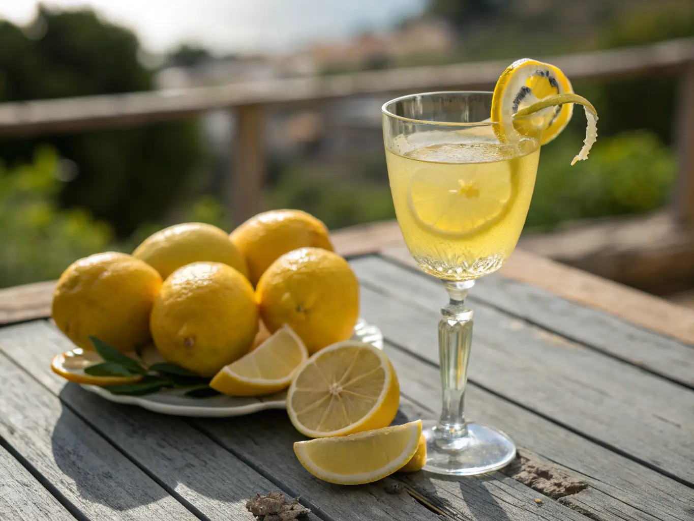 A close-up shot of a person tasting limoncello in a lemon grove on the Amalfi Coast. The image captures the vibrant yellow color of the lemons and the traditional process of limoncello production.