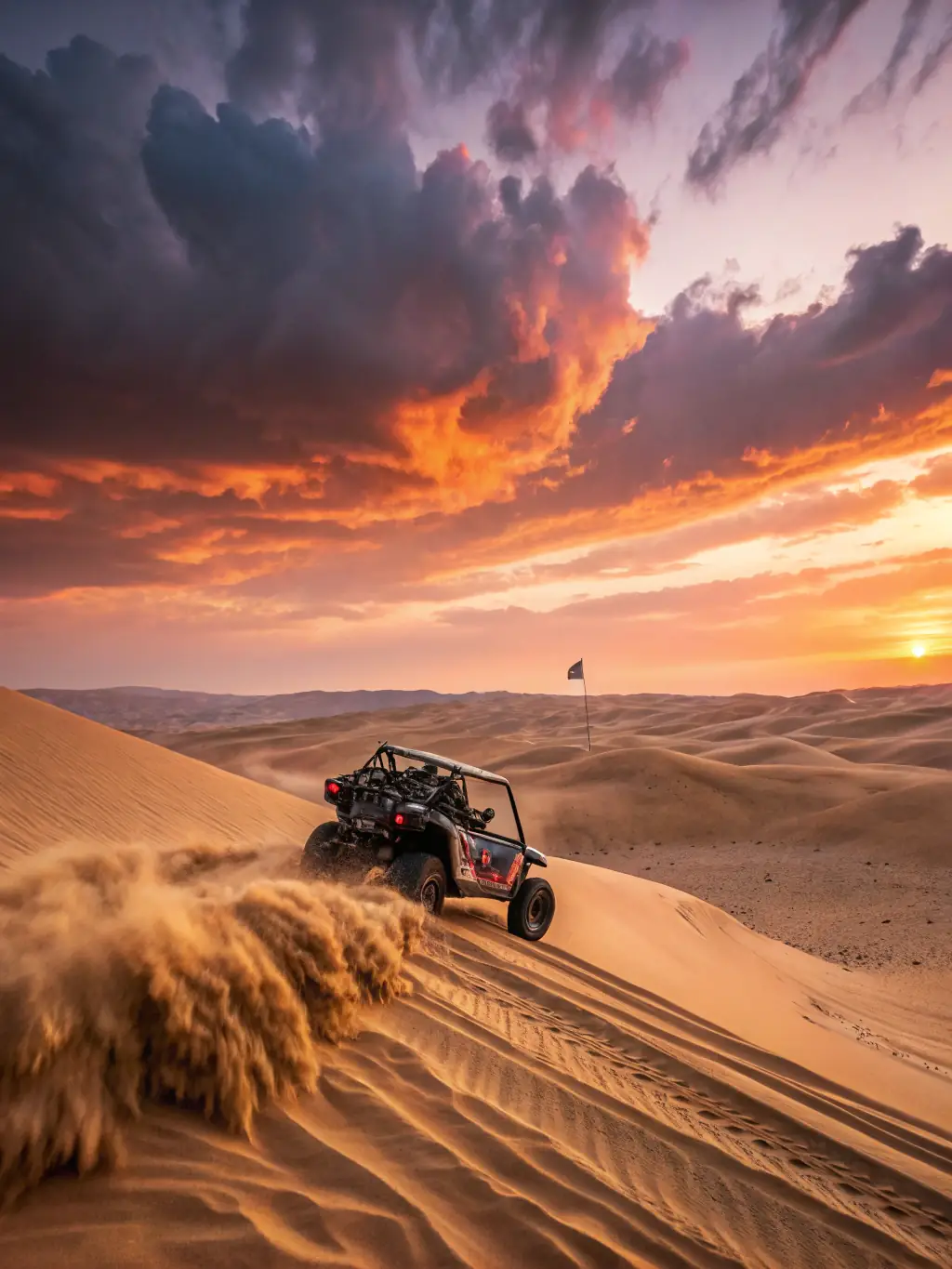 A high-quality photograph of a desert safari in Dubai, featuring a convoy of SUVs traversing sand dunes at sunset, with tourists enjoying the adventure.
