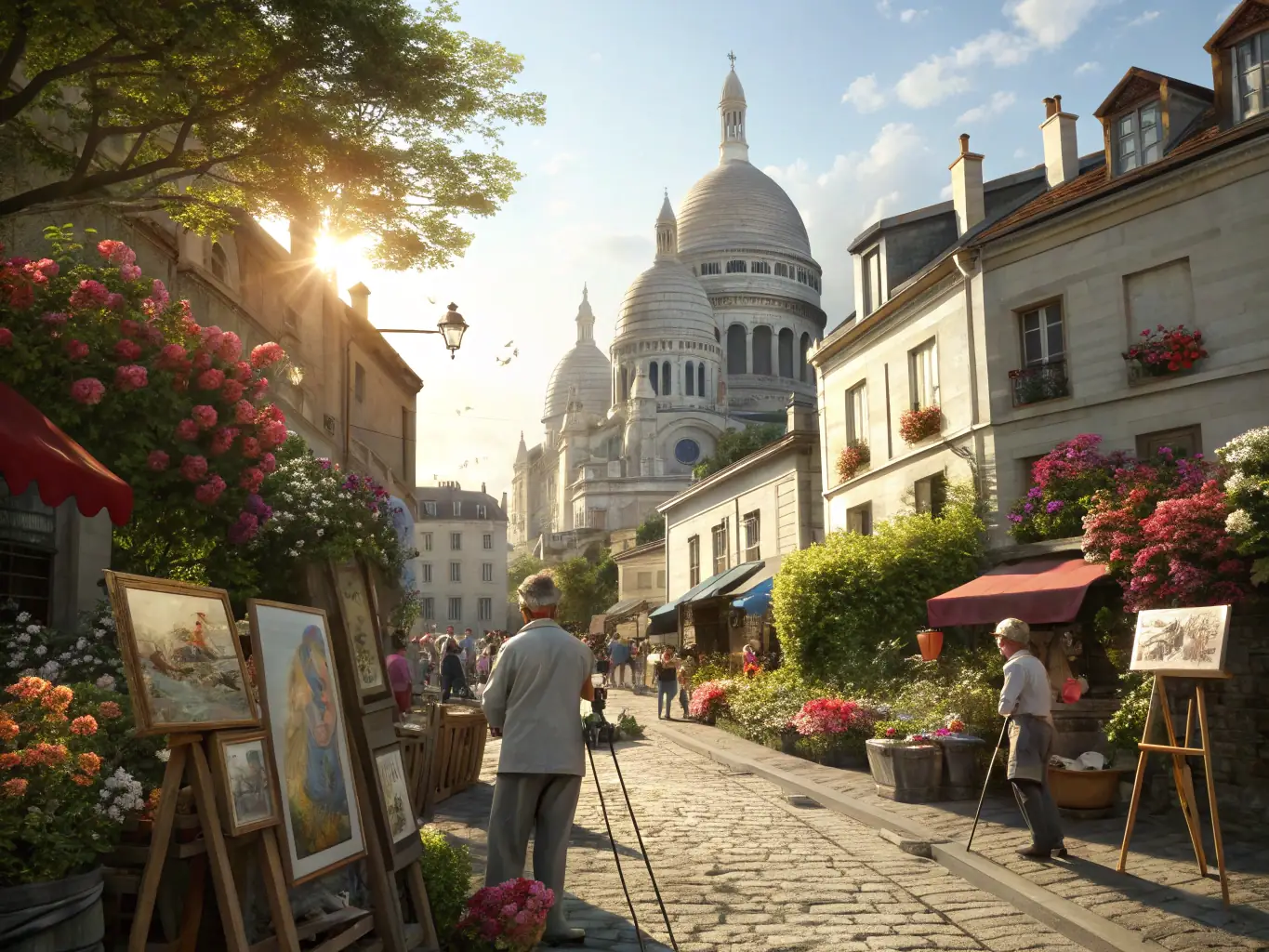 A vibrant image of Montmartre, capturing its artistic and bohemian spirit, with the Sacré-Cœur Basilica and a vineyard visible on the hilltop.